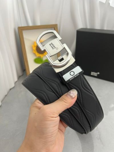 1:1  Montblanc Black Leather Belt with Silver  Logo Buckle Pull Ring Type Buckle 3.5cm